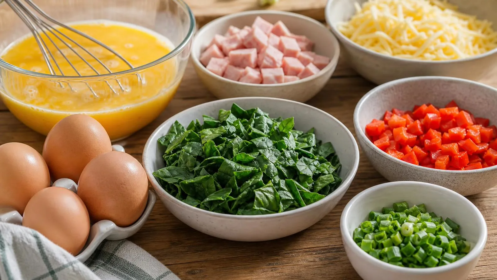 Ingredientes para muffins de huevo con espinaca jamon y queso acomodados en cocina casera