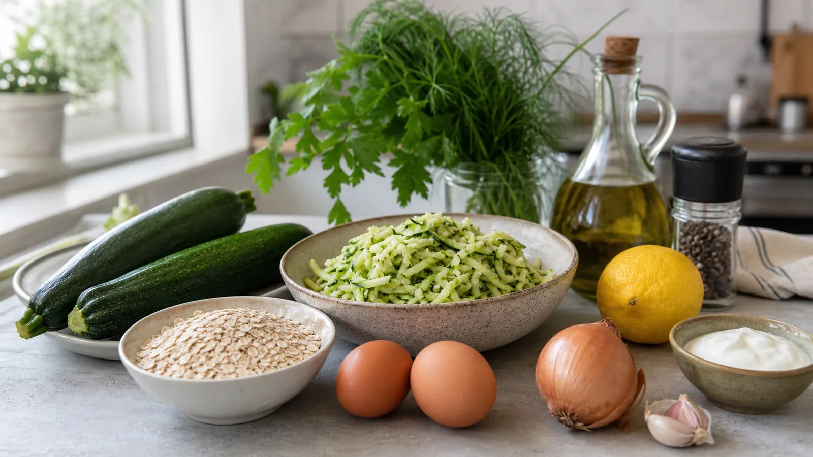 Ingredientes para tortitas de calabacita y avena acomodados en cocina casera