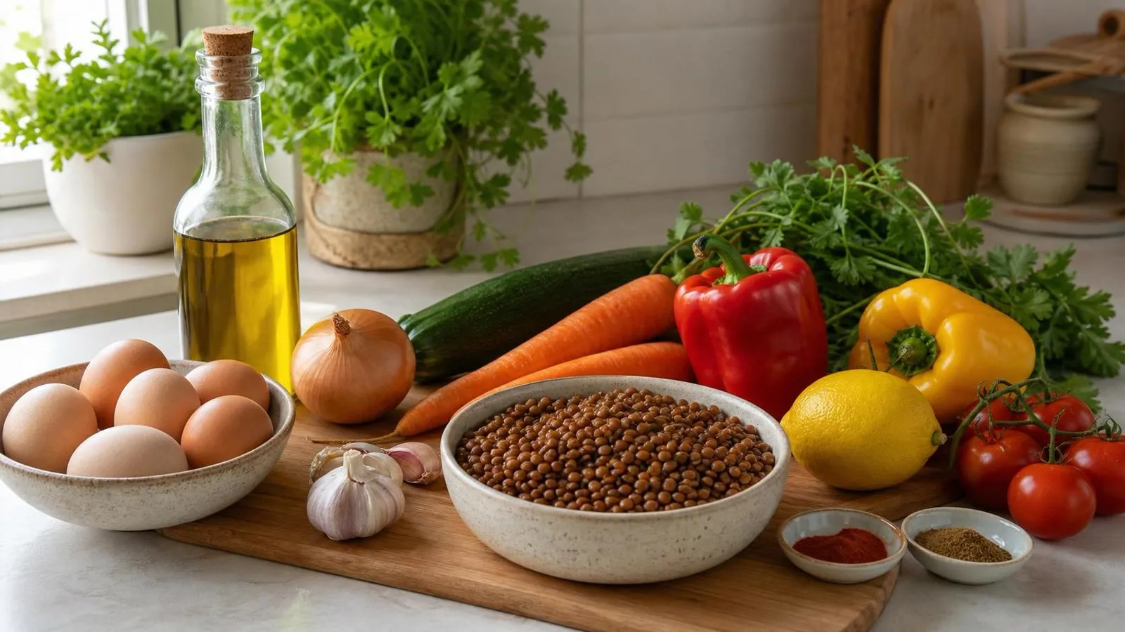 Ingredientes para sarten de lentejas con verduras y huevo acomodados en cocina casera