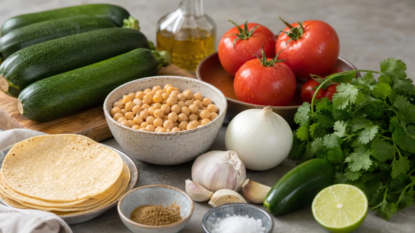 Ingredientes para calabacitas guisadas con garbanzos y tomate al comal en cocina casera