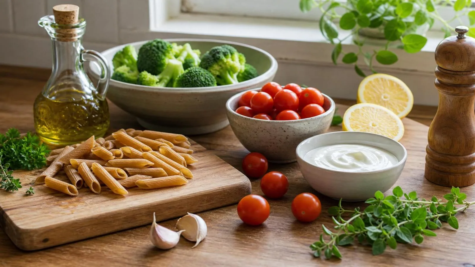 Ingredientes para pasta integral con brócoli tomate cherry yogur y limón en cocina casera