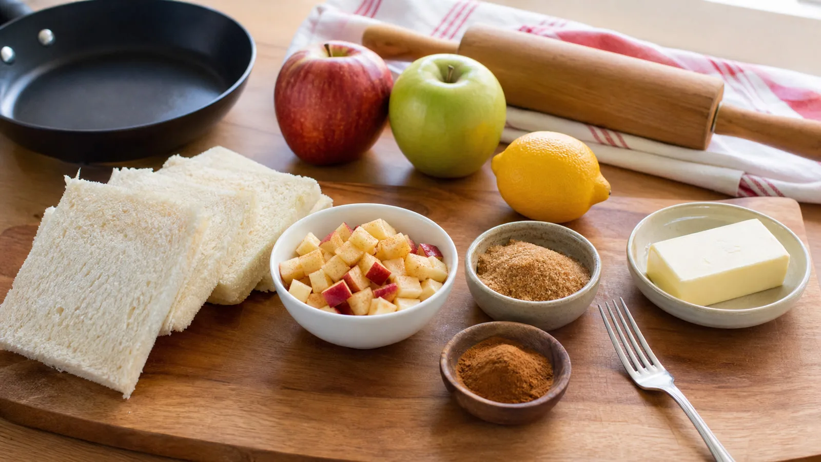 Ingredientes para empanaditas dulces de pan de caja con manzana canela azucar mantequilla y rodillo