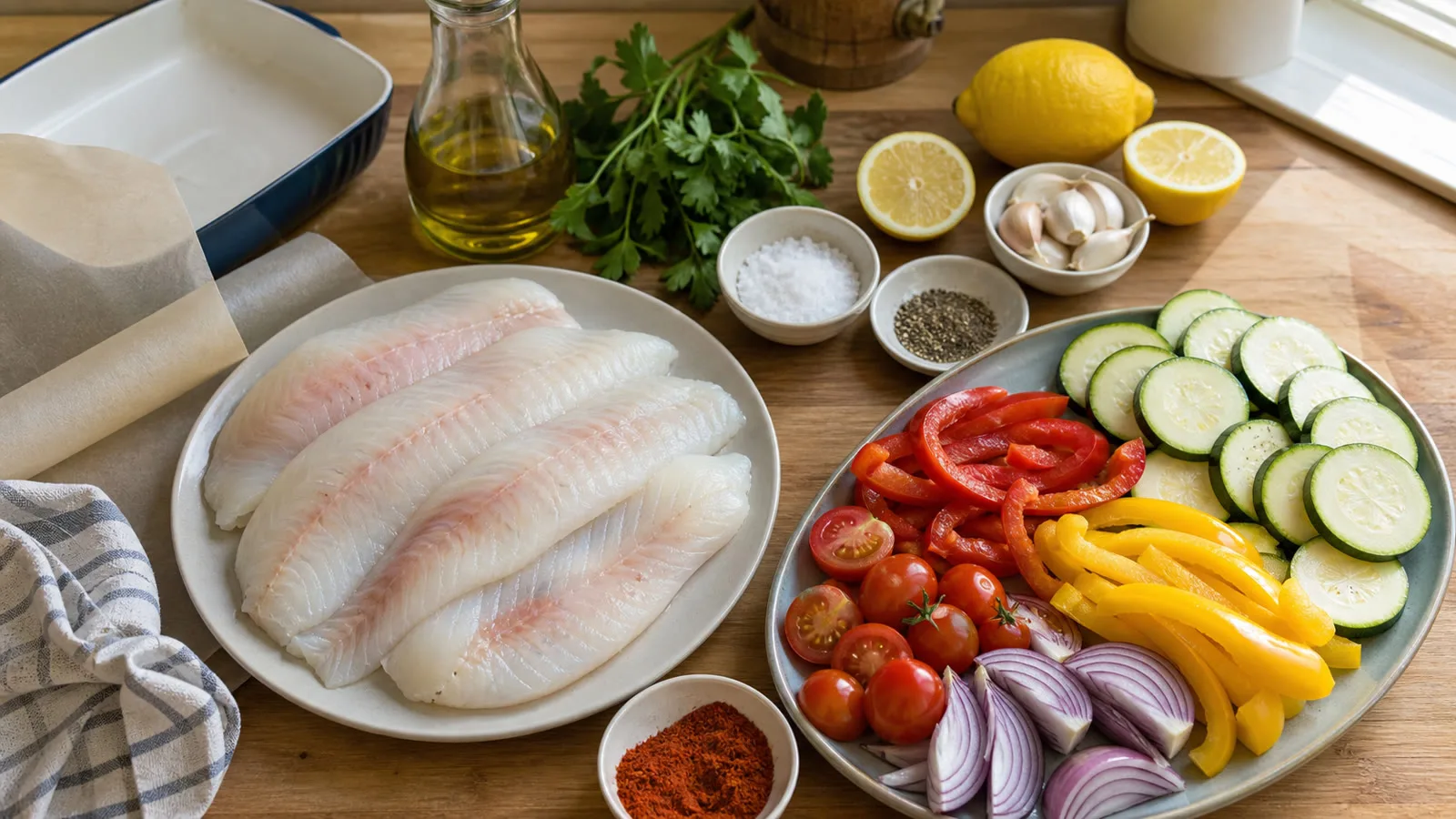 Ingredientes para pescado al horno con verduras y limon en cocina casera