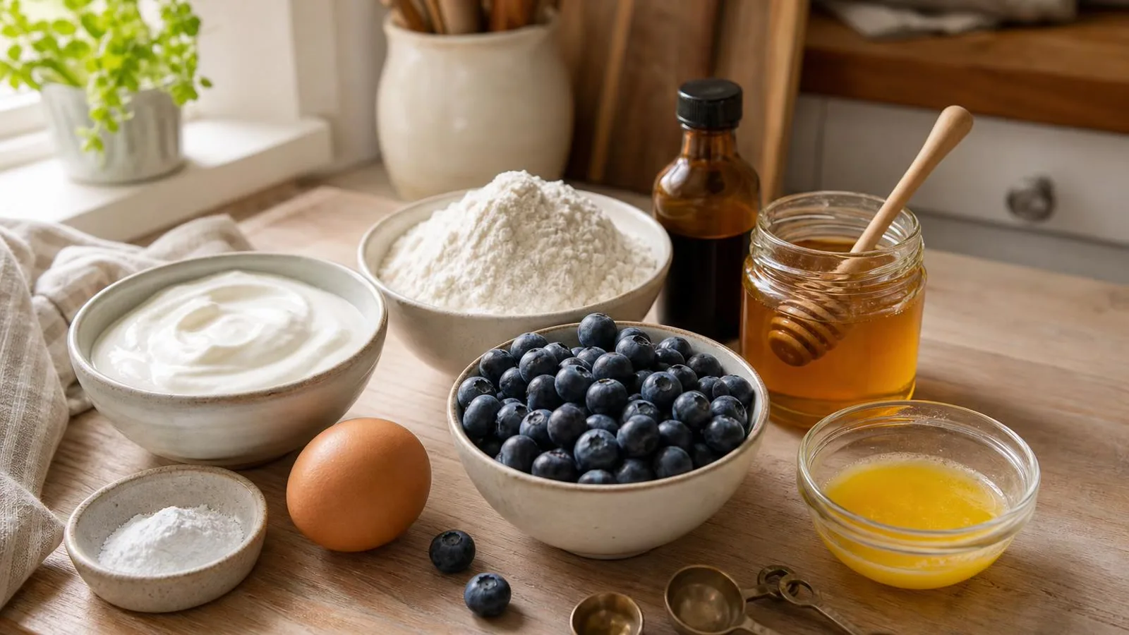 Ingredientes para bollitos de yogur con arandanos acomodados en cocina casera