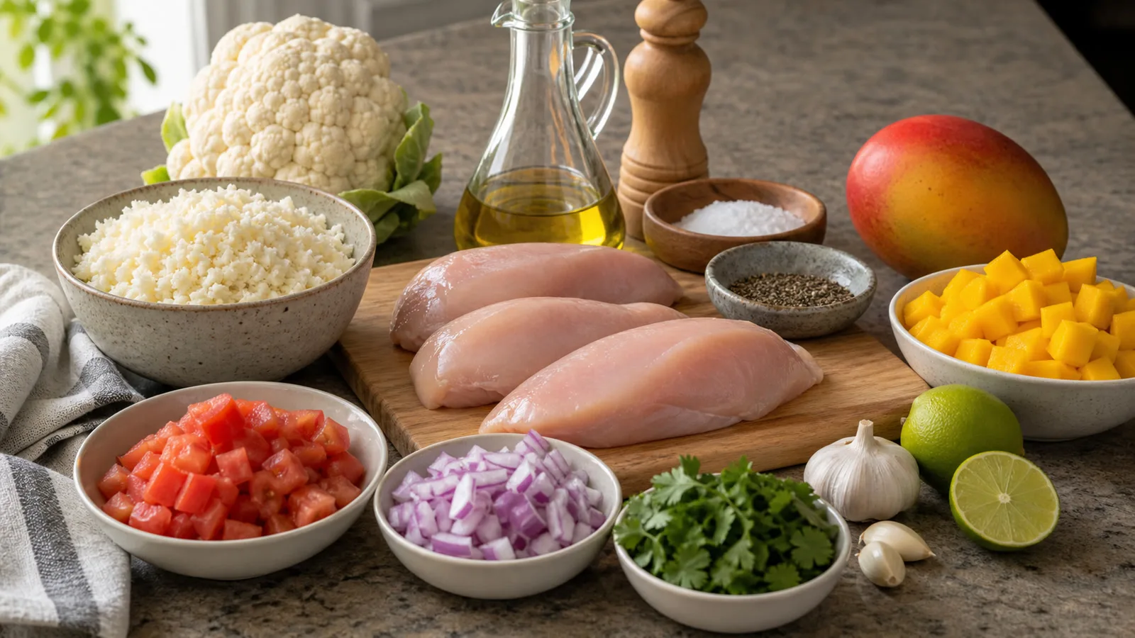 Ingredientes para pollo al comal con mango coliflor jitomate cebolla cilantro limon y especias