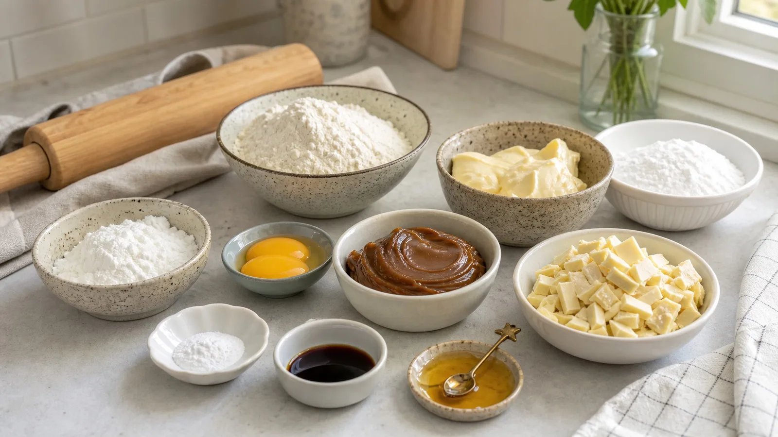 Ingredientes para alfajores blancos tipo marplatenses acomodados en cocina casera