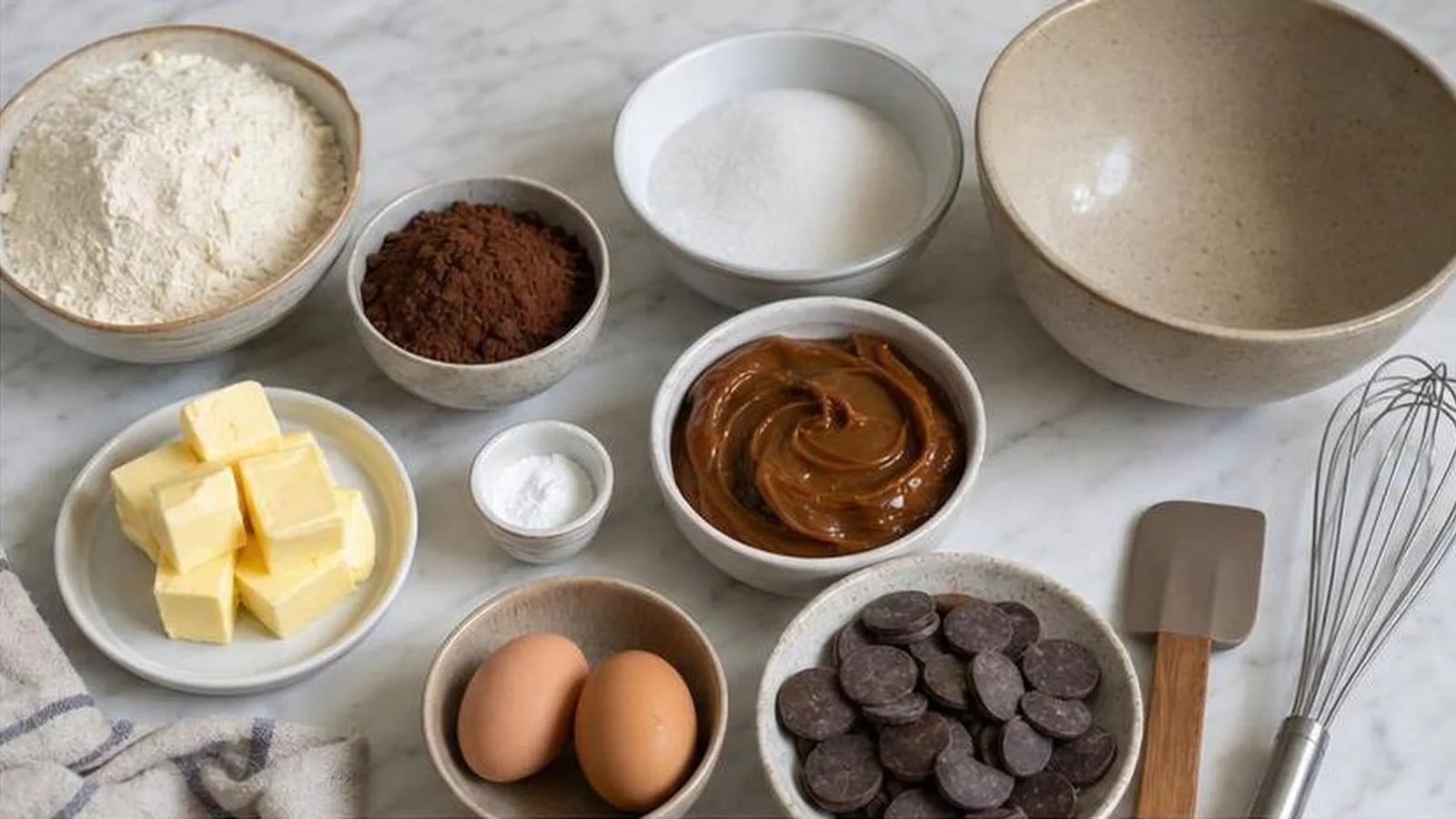 Ingredientes para alfajores de chocolate con cacao mantequilla huevos dulce de leche y cobertura oscura en cocina casera