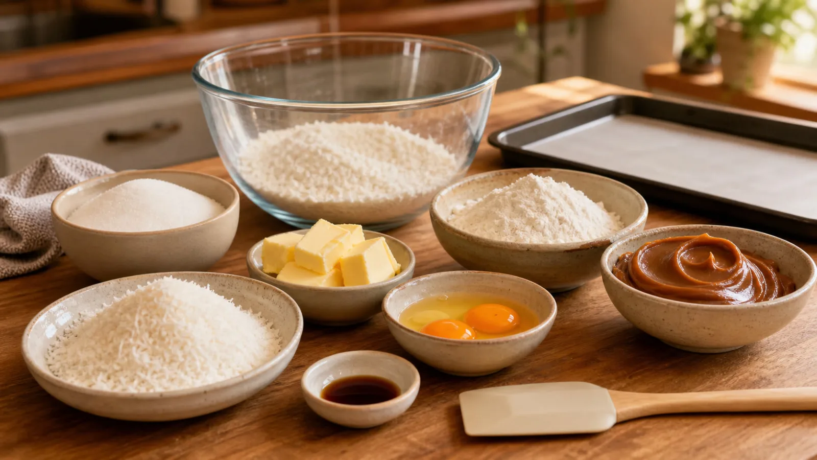 Ingredientes para alfajores de coco con coco rallado mantequilla huevos harina y dulce de leche en cocina casera