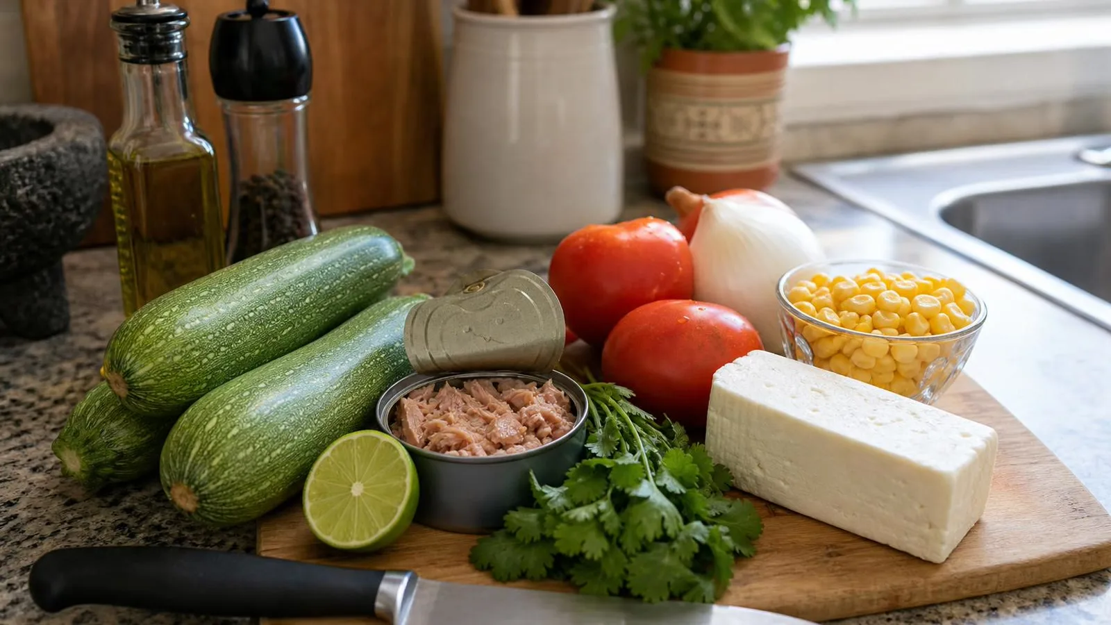 Ingredientes para calabacitas rellenas de atun con queso panela verduras y limon
