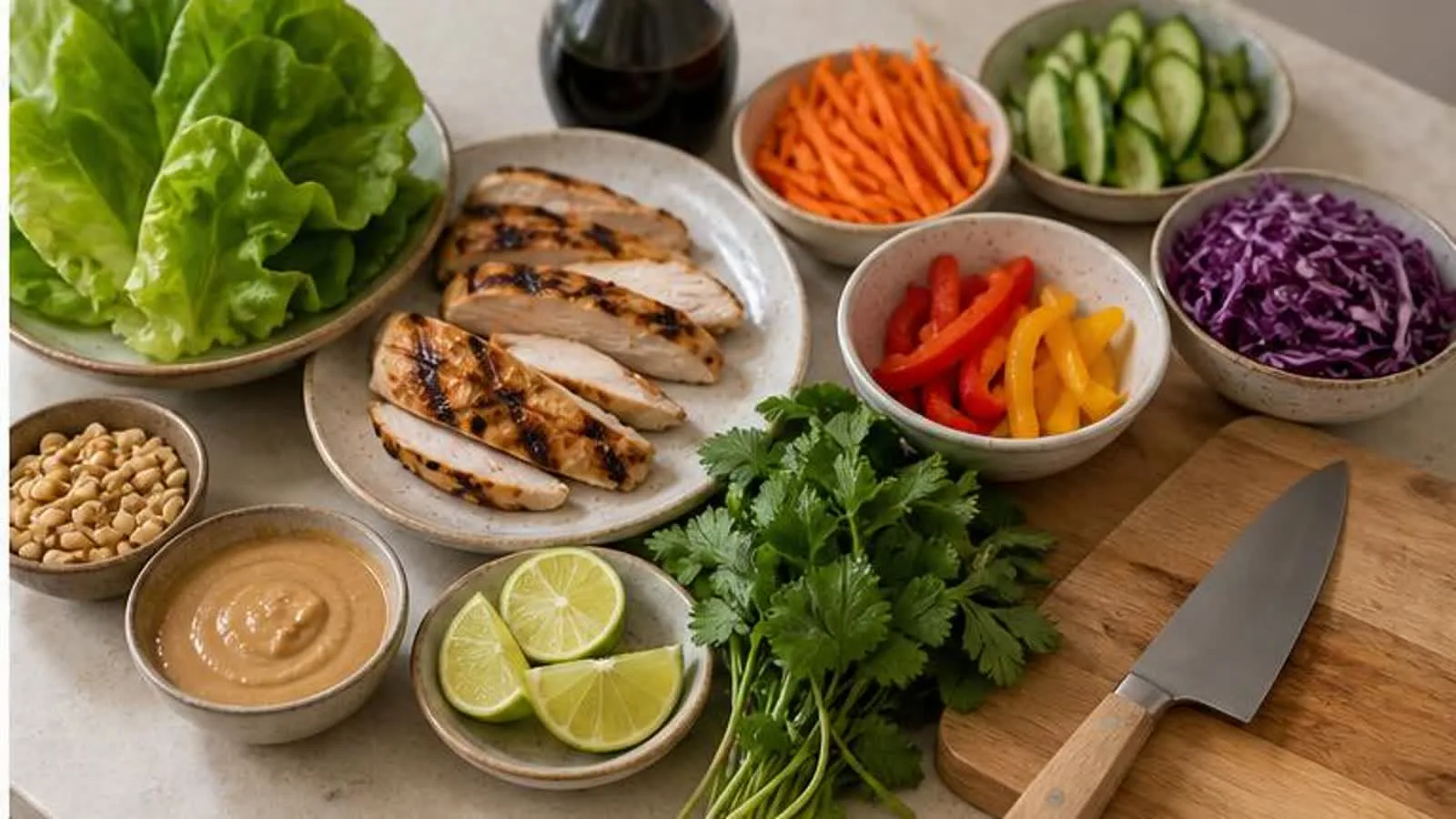 Ingredientes para rollitos de lechuga con pollo verduras frescas cacahuate limon y salsa casera