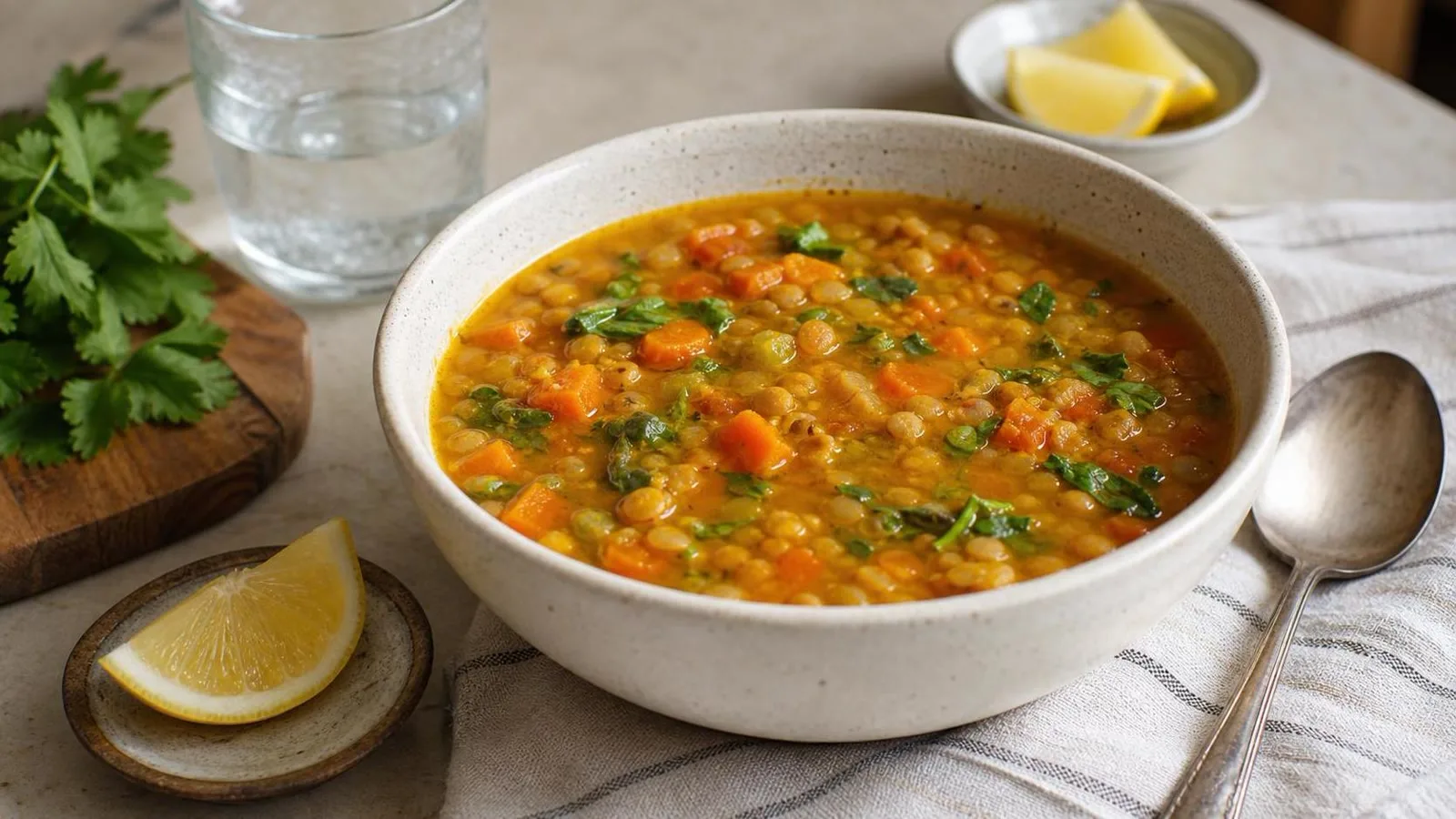 Ingredientes para sopa de lentejas rojas con verduras curcuma limon y hierbas en cocina casera