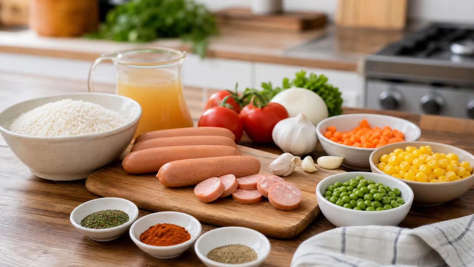 Ingredientes para arroz rojo con salchicha y verduras acomodados en cocina casera