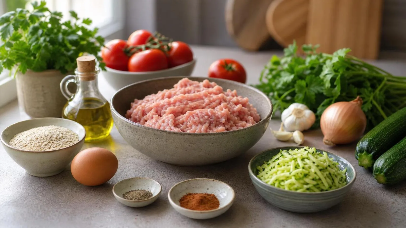 Ingredientes reales para albondigas de pavo con calabacita y salsa de tomate en cocina casera