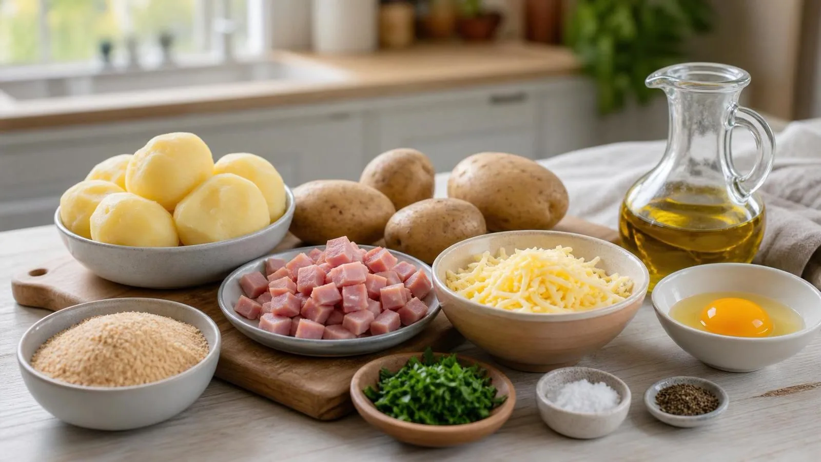 Ingredientes para tortitas de papa con jamon y queso acomodados en cocina casera