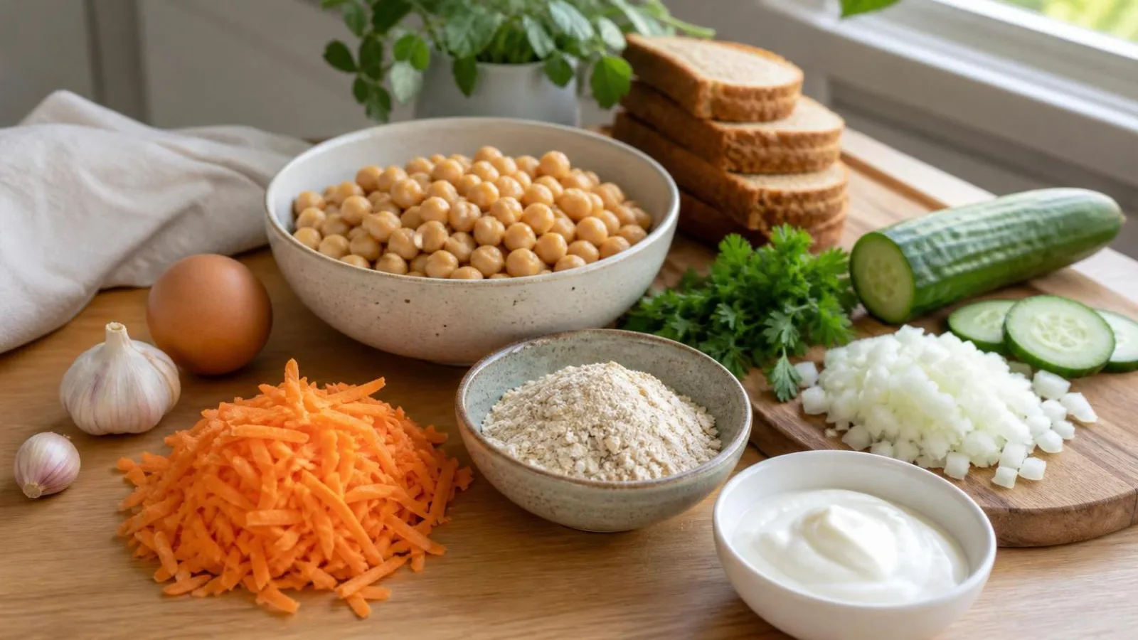 Ingredientes para hamburguesas de garbanzo y zanahoria acomodados en cocina casera