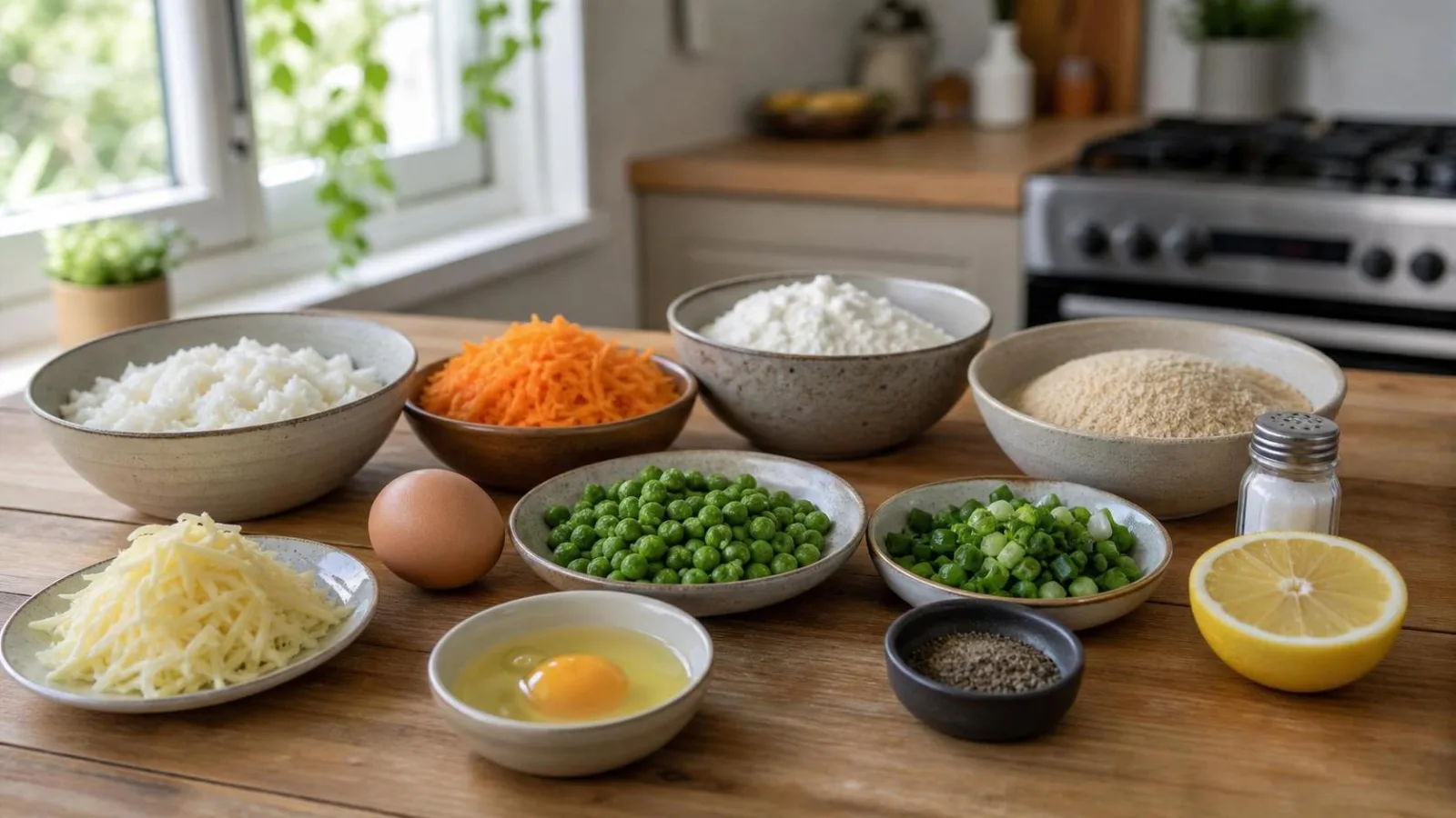 Ingredientes para croquetas de arroz con queso y verduras en cocina casera