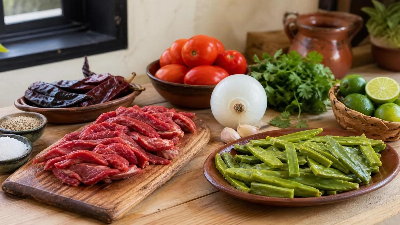 Ingredientes para tiras de res con nopales y salsa roja en cocina casera