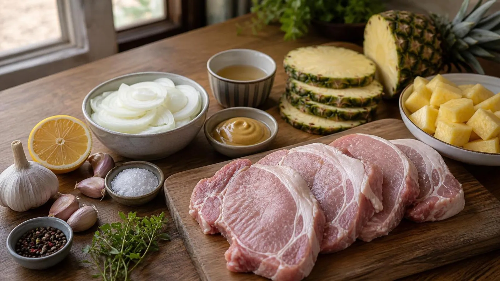 Ingredientes para chuletas de cerdo con piña acomodados en cocina casera
