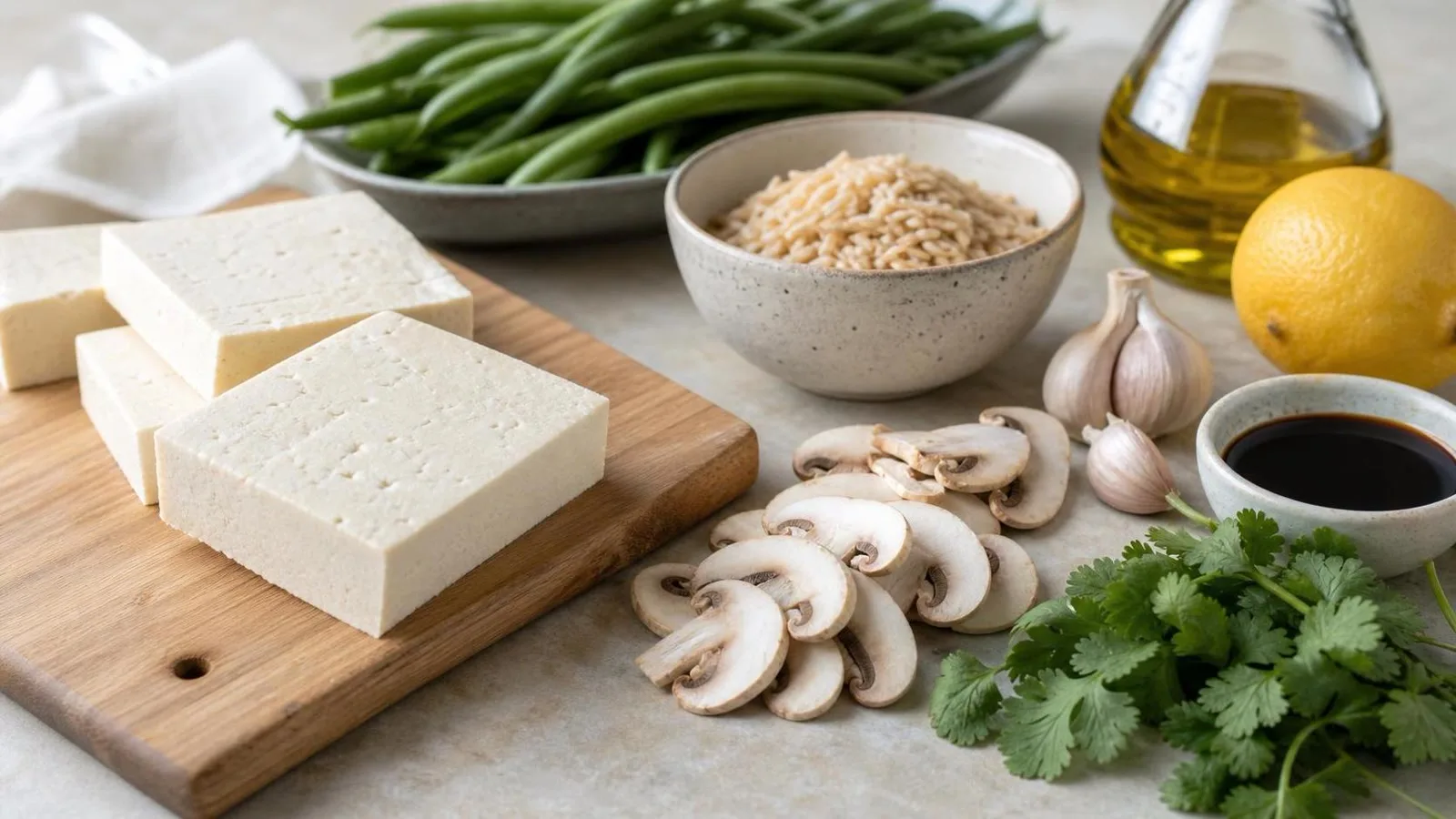 Ingredientes para tofu dorado con champinones, ejotes y arroz integral acomodados en cocina casera