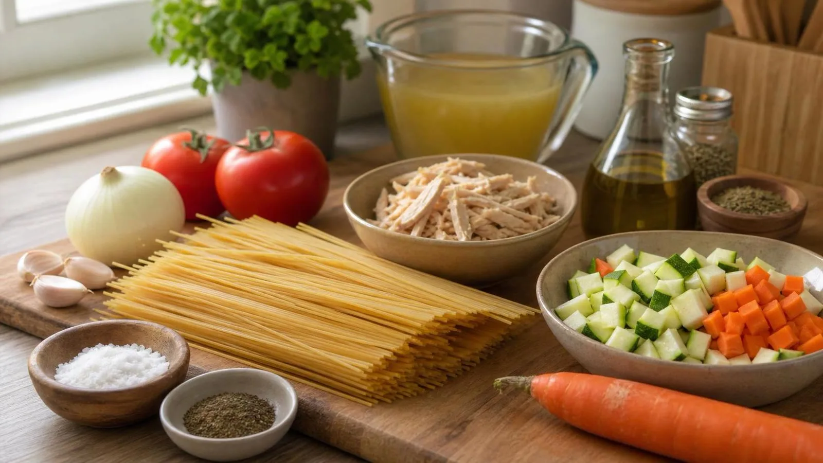 Ingredientes reales para fideos secos con pollo y verduras acomodados en cocina casera