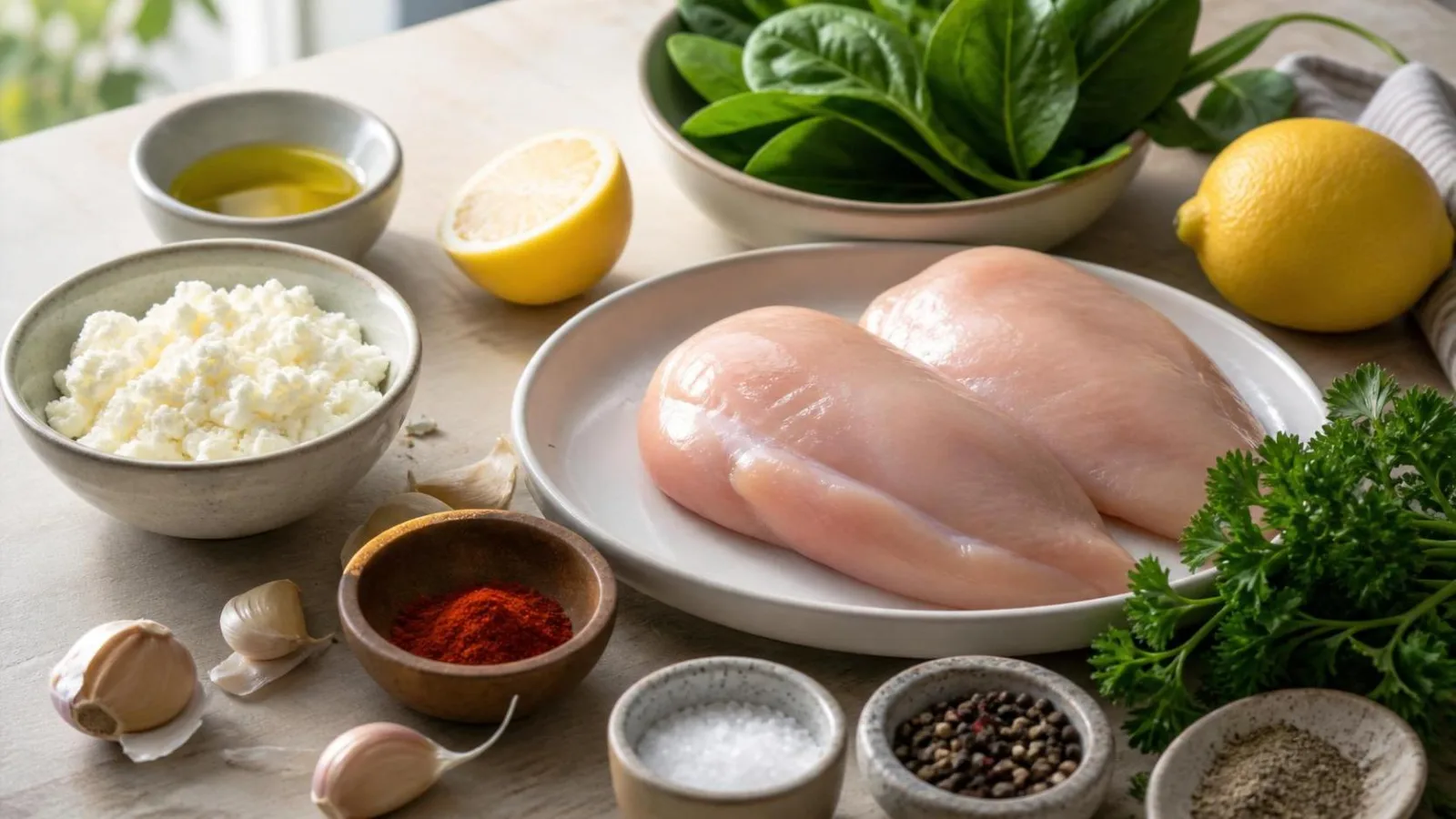 Ingredientes para pechuga de pollo rellena de espinacas y requeson en cocina casera