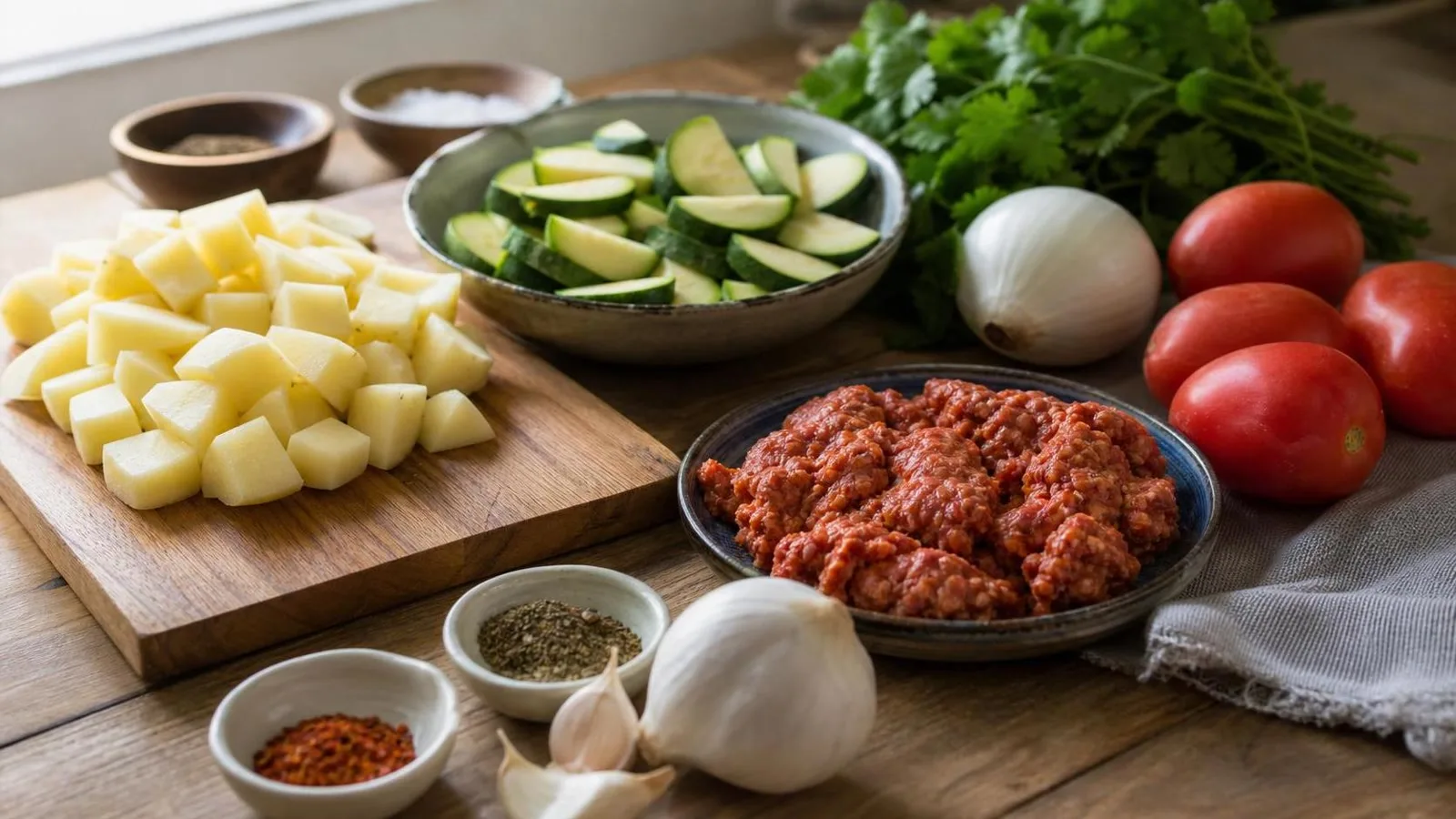 Ingredientes reales para papas con chorizo y calabacitas acomodados en cocina casera