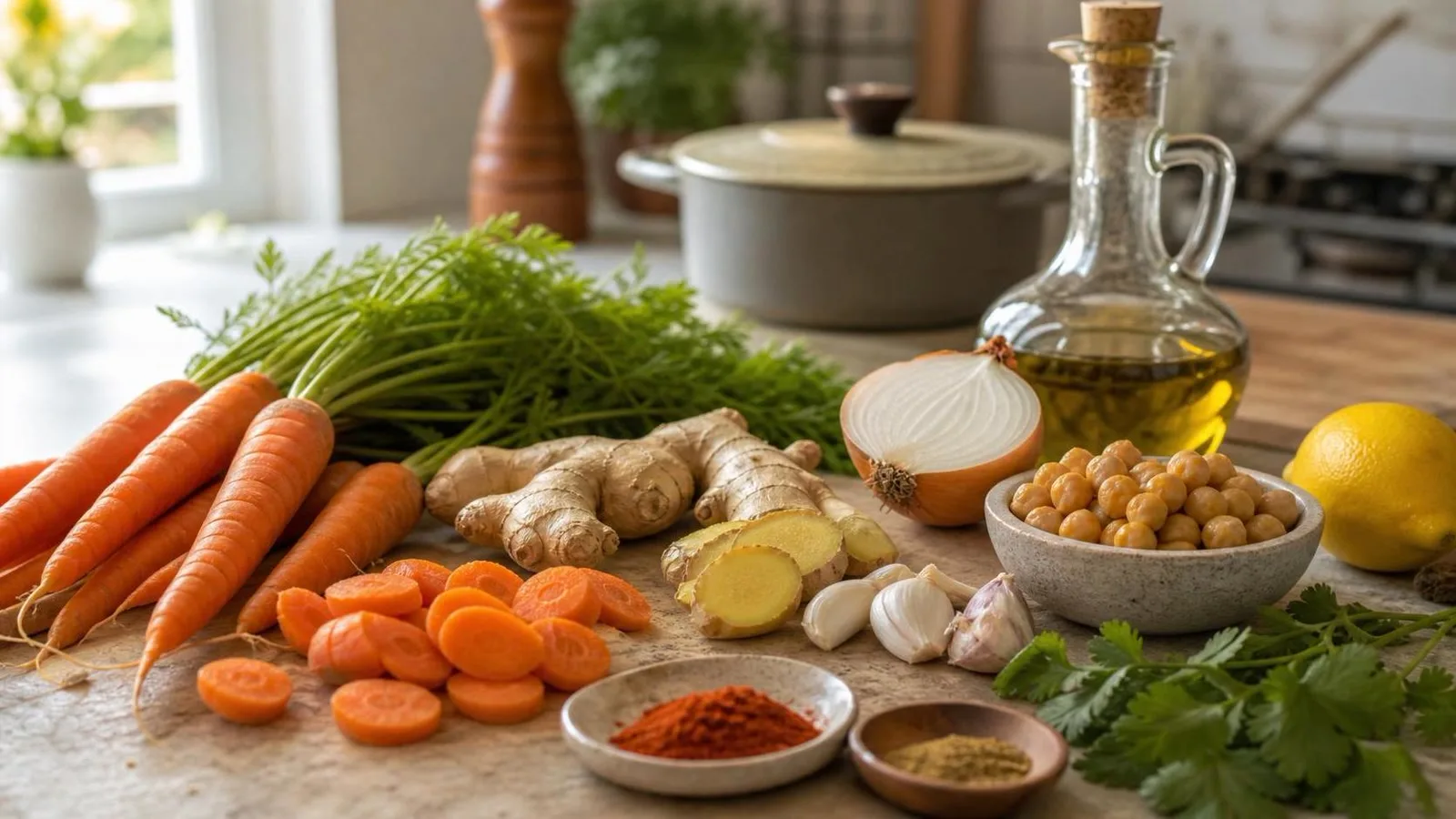 Ingredientes para crema de zanahoria y jengibre acomodados en cocina casera