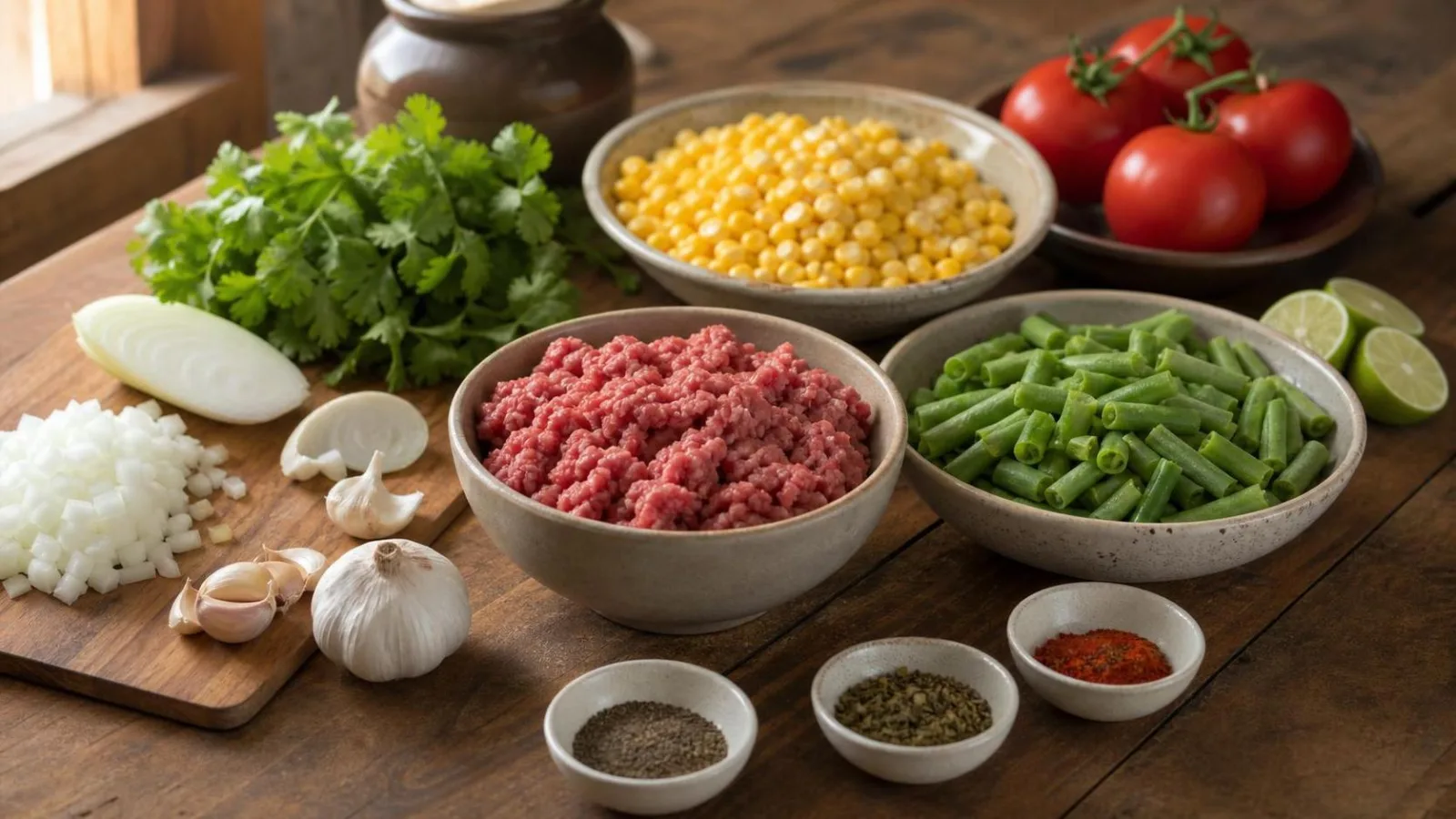 Ingredientes reales para carne molida con ejotes y elote acomodados en cocina casera