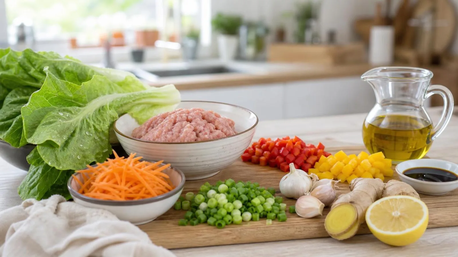Ingredientes para wraps de lechuga con pavo y verduras en cocina casera