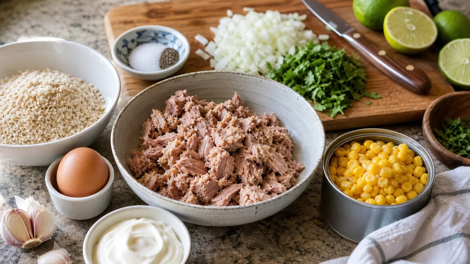 Ingredientes reales para tortitas de atún con elote acomodados en cocina casera