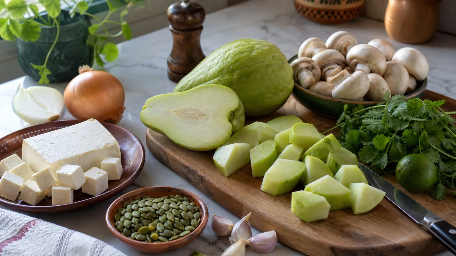 Ingredientes reales para chayotes salteados con champiñones y queso panela en cocina casera