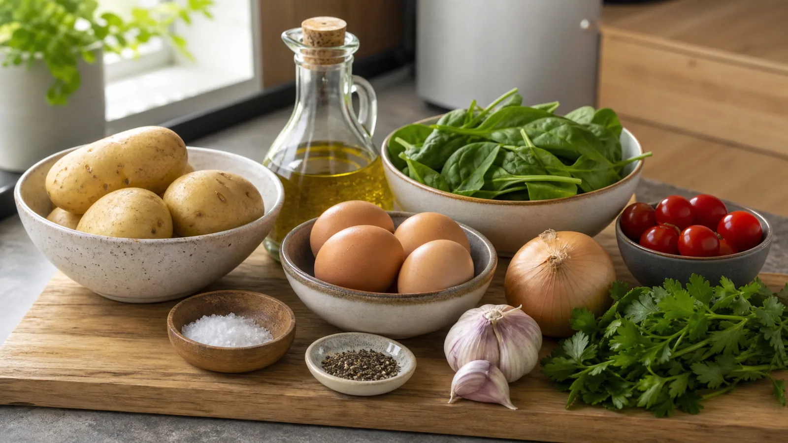 Ingredientes para tortilla de papa y espinaca al horno acomodados en cocina casera
