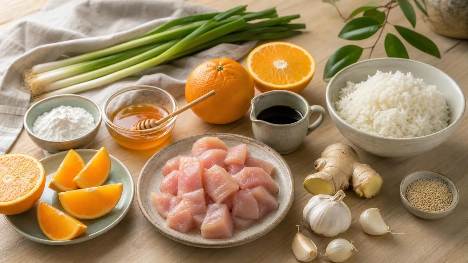 Ingredientes reales para pollo a la naranja acomodados en cocina casera
