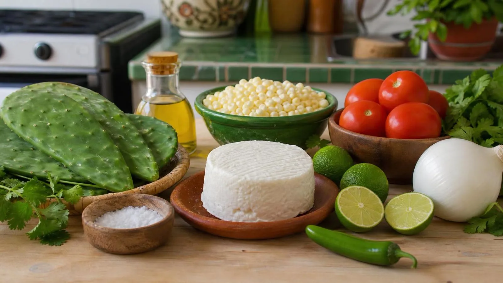 Ingredientes reales para nopales asados con queso panela elote y salsa fresca en cocina casera