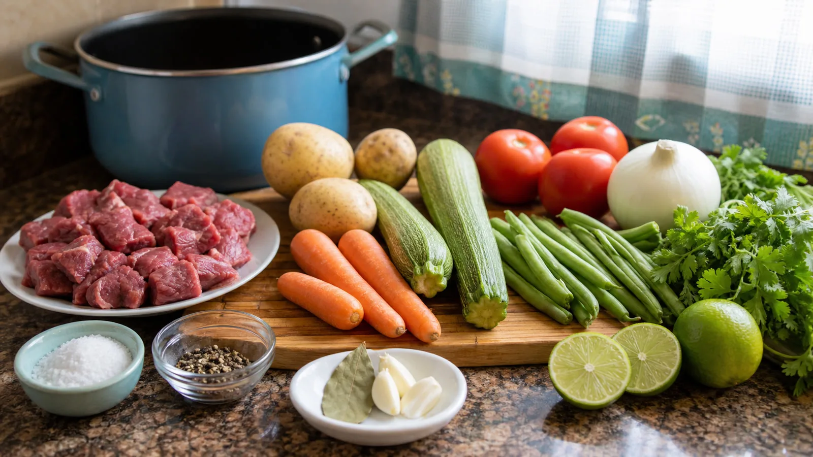 Ingredientes reales para caldillo de res con verduras acomodados en cocina casera