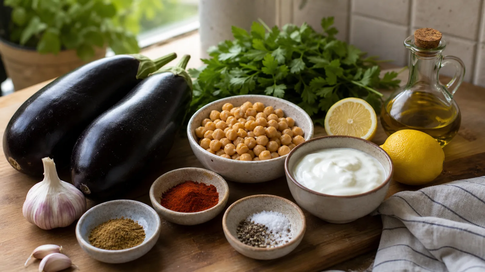 Ingredientes reales para berenjenas asadas con garbanzos y salsa de yogur acomodados en cocina casera