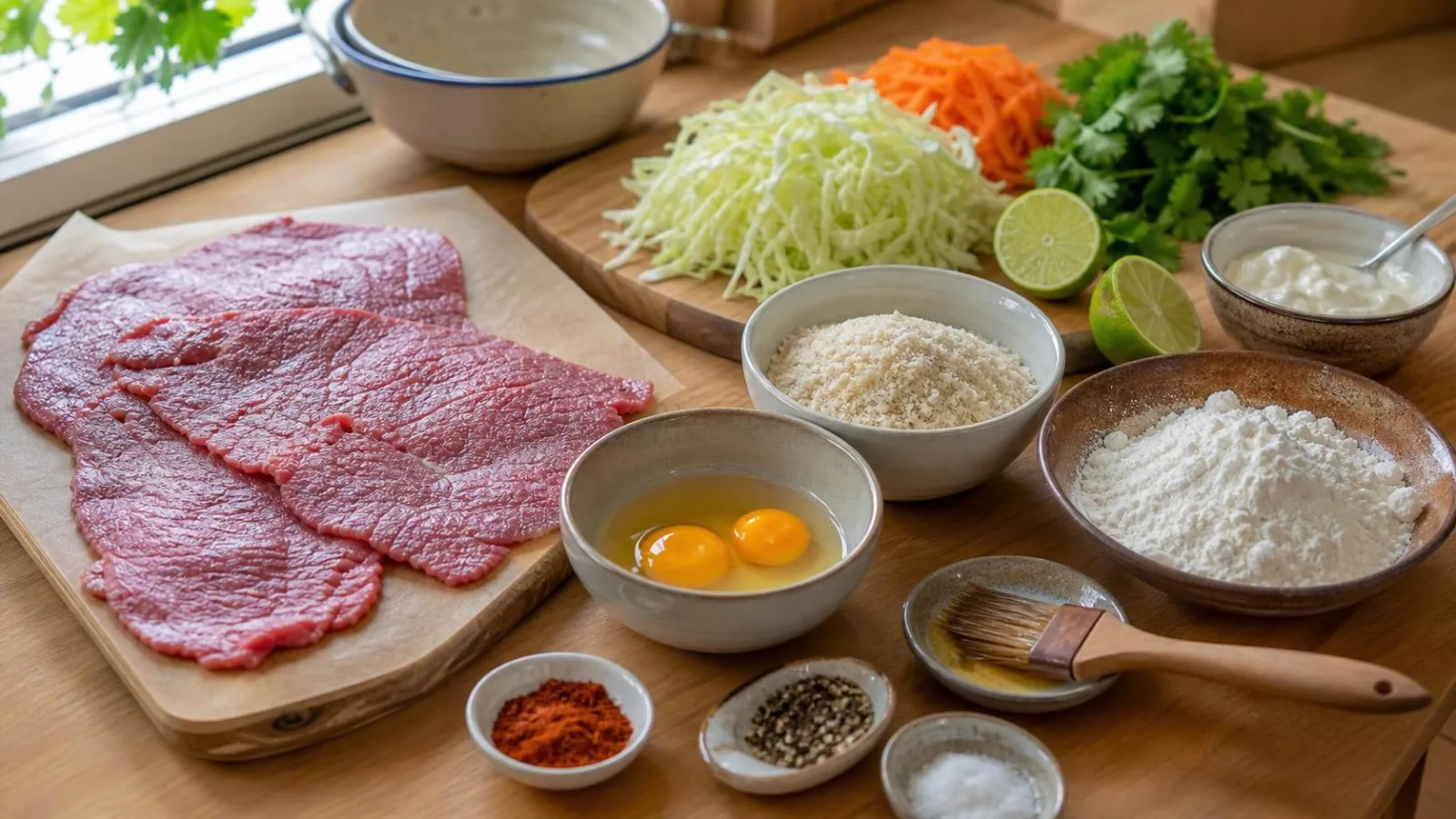 Ingredientes reales para milanesas de res al horno con ensalada de repollo en cocina casera