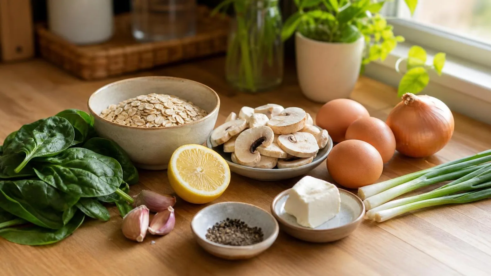 Ingredientes reales para avena salada con espinacas champiñones y huevo en cocina casera