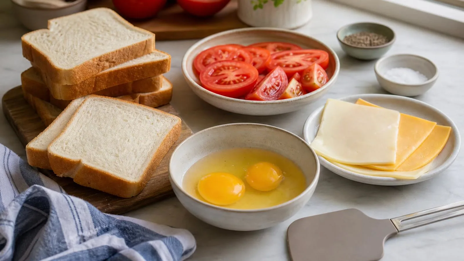 Ingredientes reales para sándwiches calientes de huevo con queso y jitomate en cocina casera