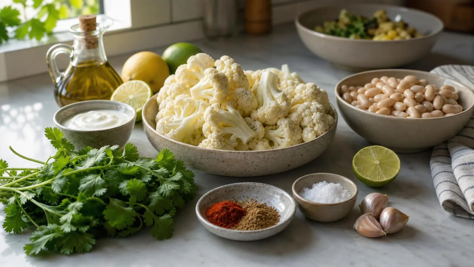 Ingredientes reales para coliflor rostizada con frijoles blancos y salsa de cilantro en cocina casera