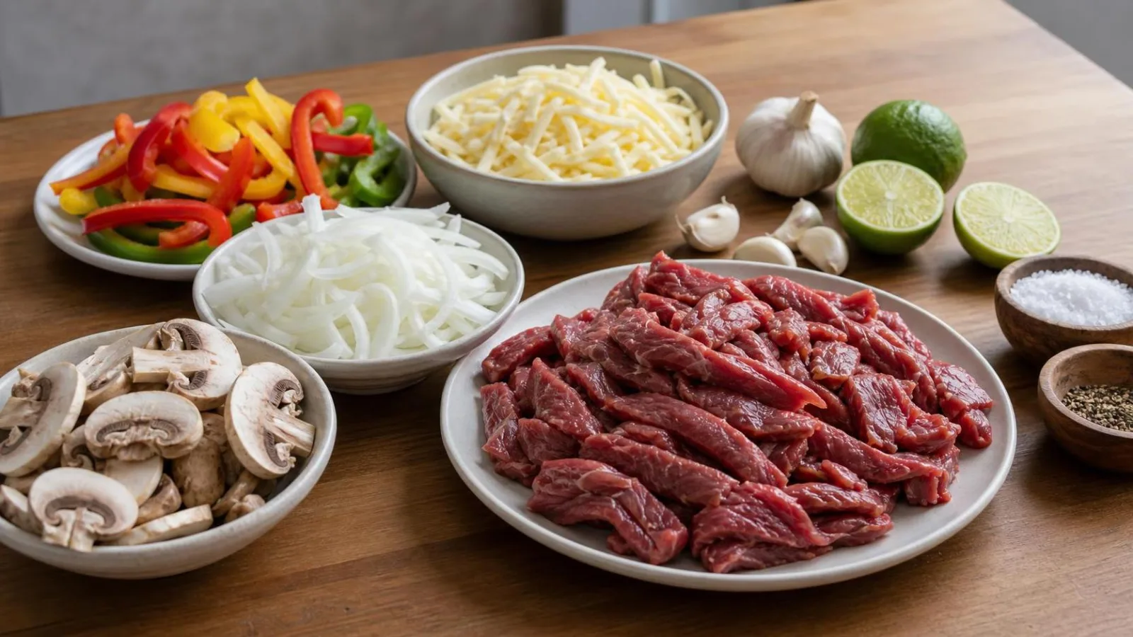 Ingredientes reales para alambre de bistec con cebolla champiñones y queso en cocina casera