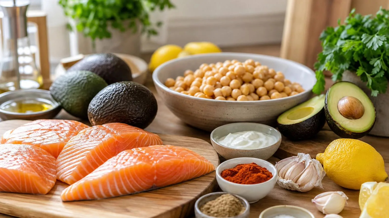 Ingredientes reales para salmon al sarten con garbanzos especiados y crema de aguacate en cocina casera