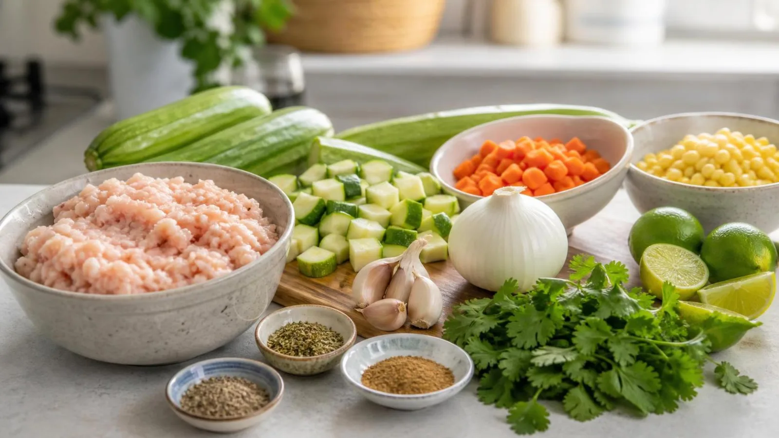 Ingredientes reales para picadillo blanco de pollo con calabacita elote y zanahoria en cocina casera