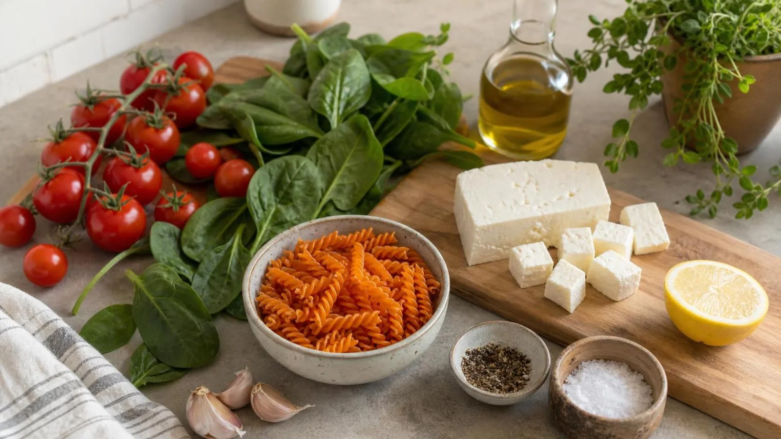 Ingredientes reales para pasta de lenteja roja con espinacas jitomate cherry y queso panela en cocina casera