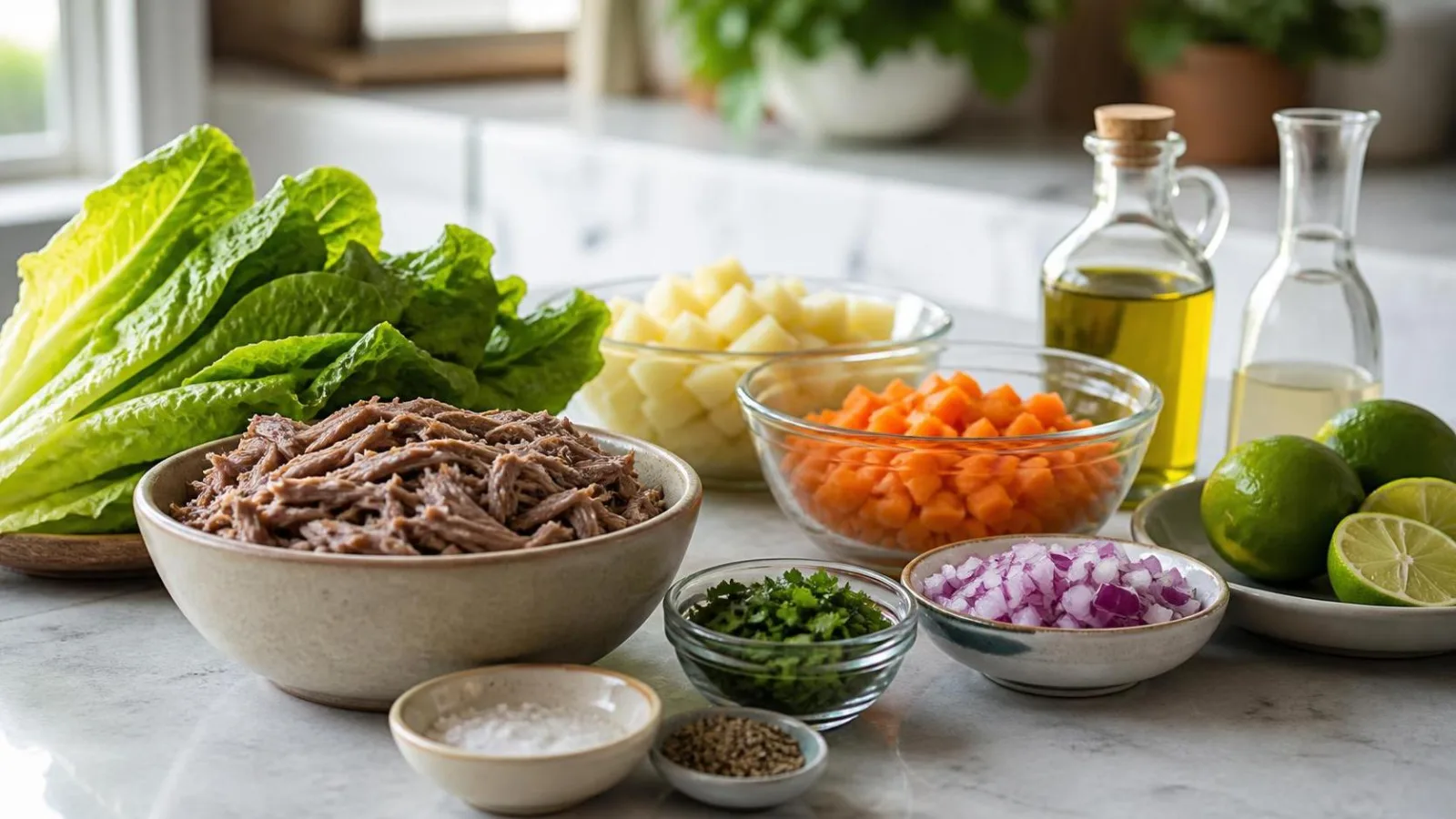 Ingredientes reales para salpicon de res con papa zanahoria lechuga y limon en cocina casera