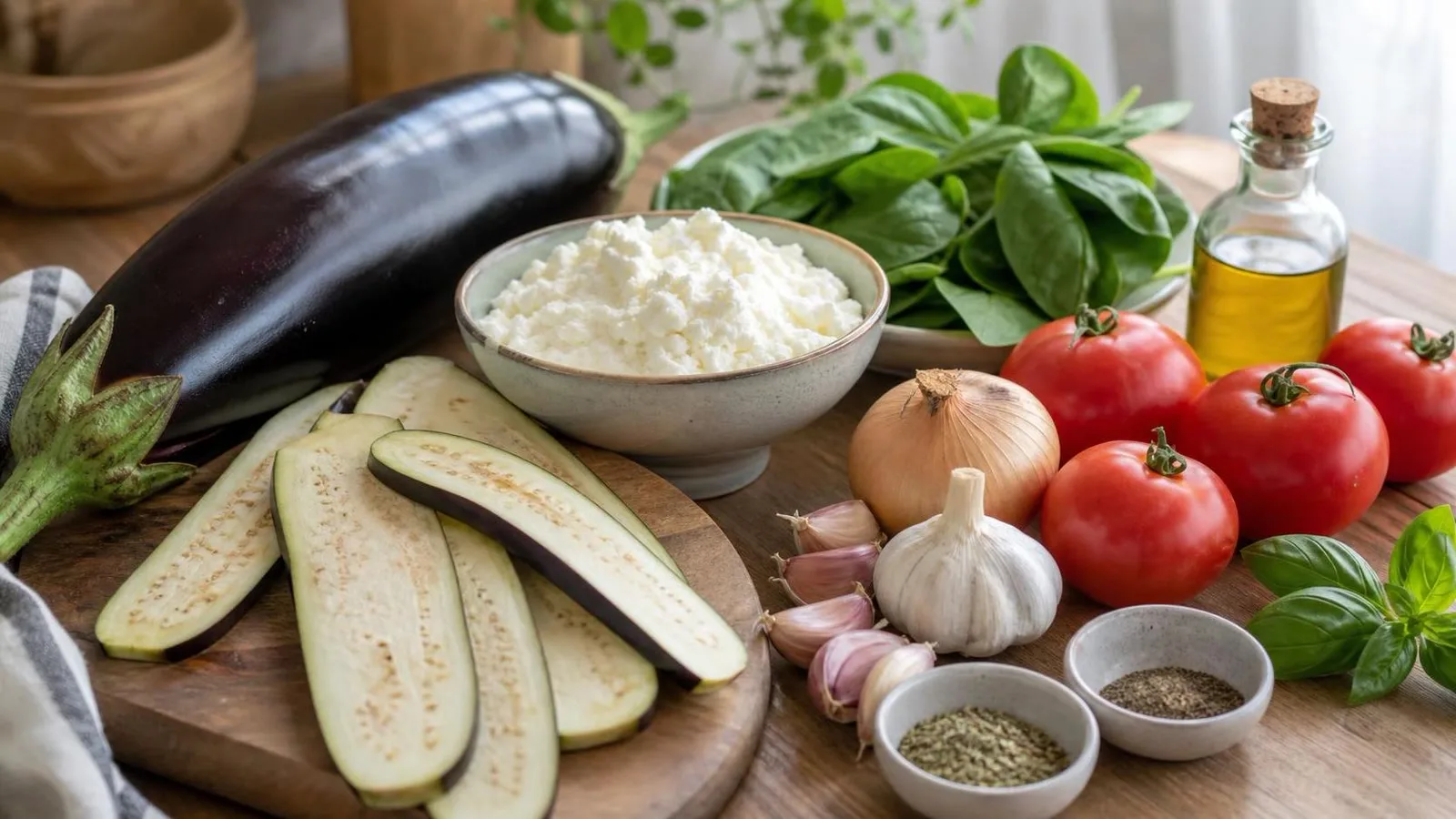 Ingredientes reales para rollitos de berenjena con requeson espinaca y jitomate en cocina casera