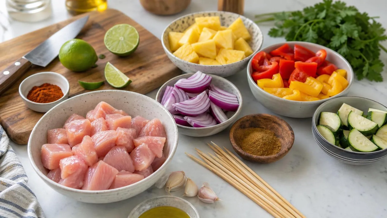 Ingredientes reales para brochetas de pavo con piña y verduras en cocina casera