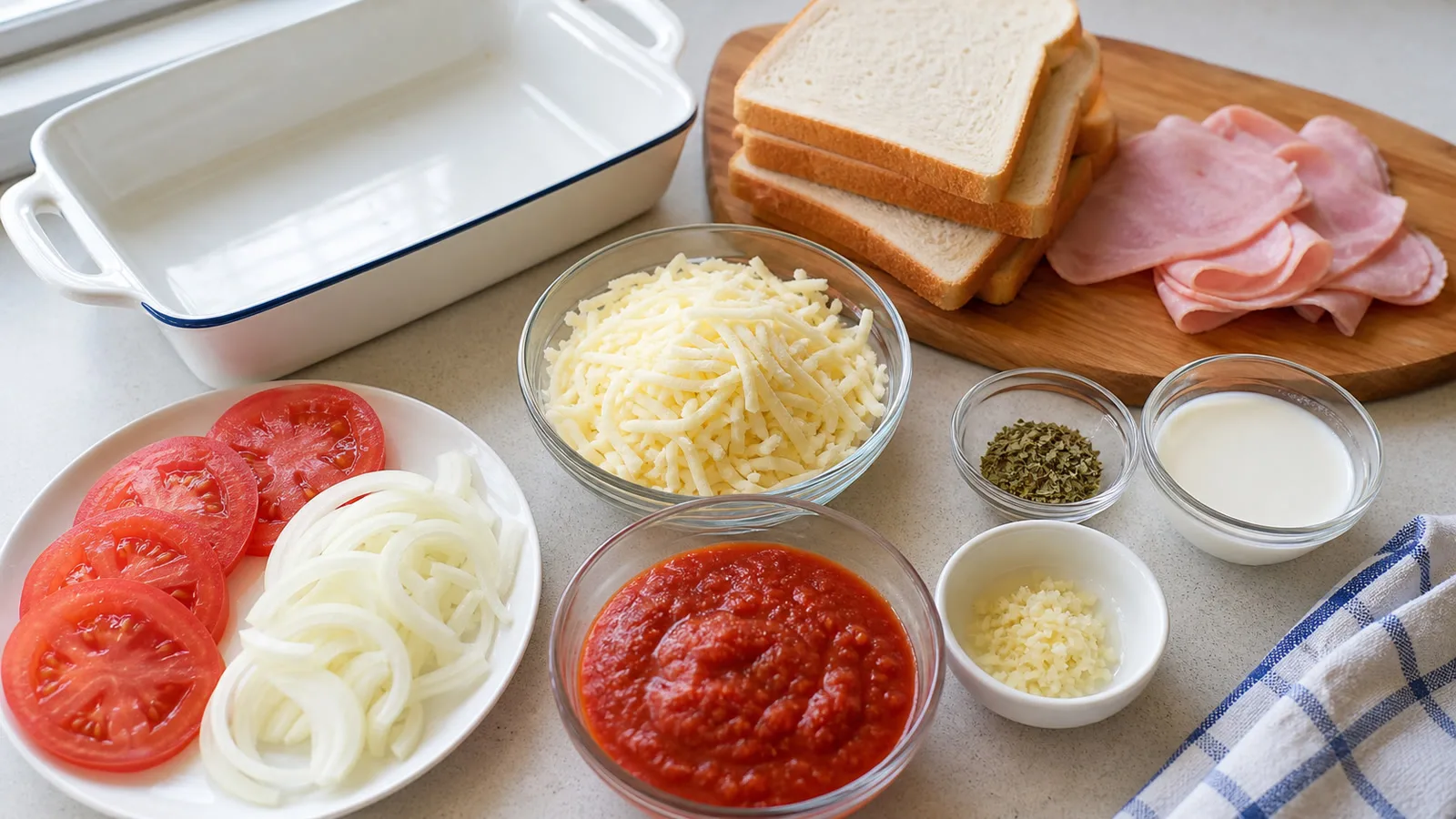 Ingredientes reales para lasana rapida de pan de caja con jamon y queso en cocina casera
