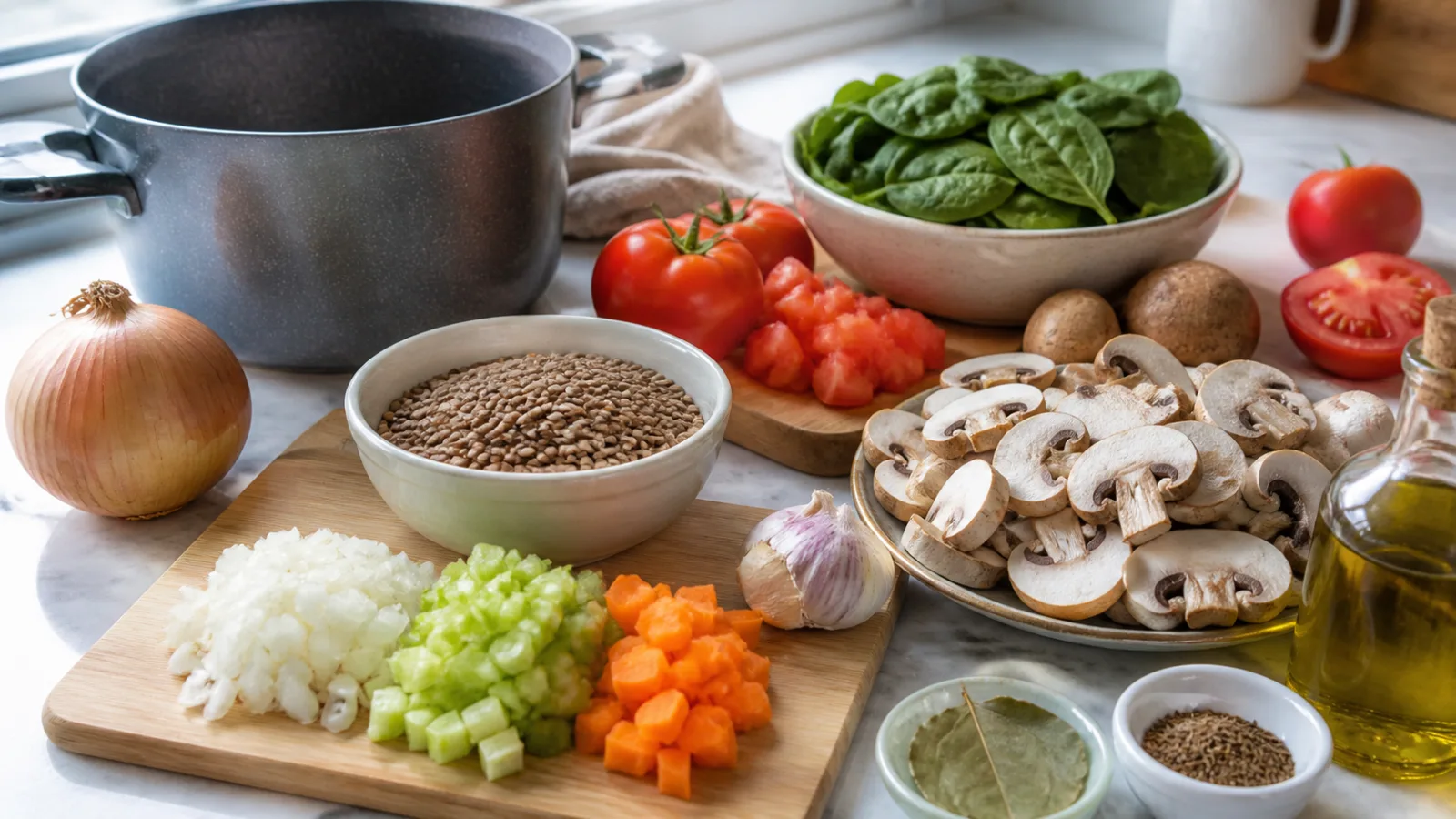 Ingredientes reales para lentejas guisadas con champinones espinacas y tomate en cocina casera