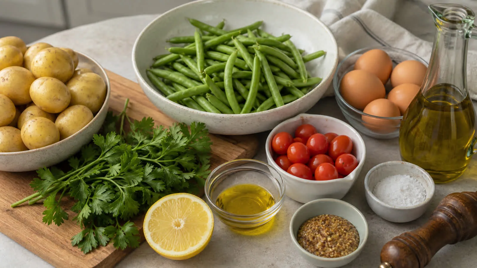 Ingredientes reales para ejotes salteados con huevo papa cambray y vinagreta de mostaza en cocina casera